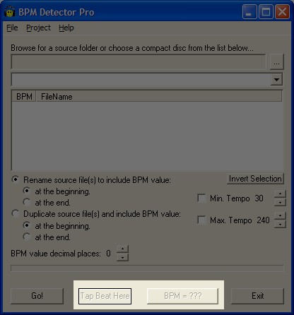 Manual BPM entry dialog controls